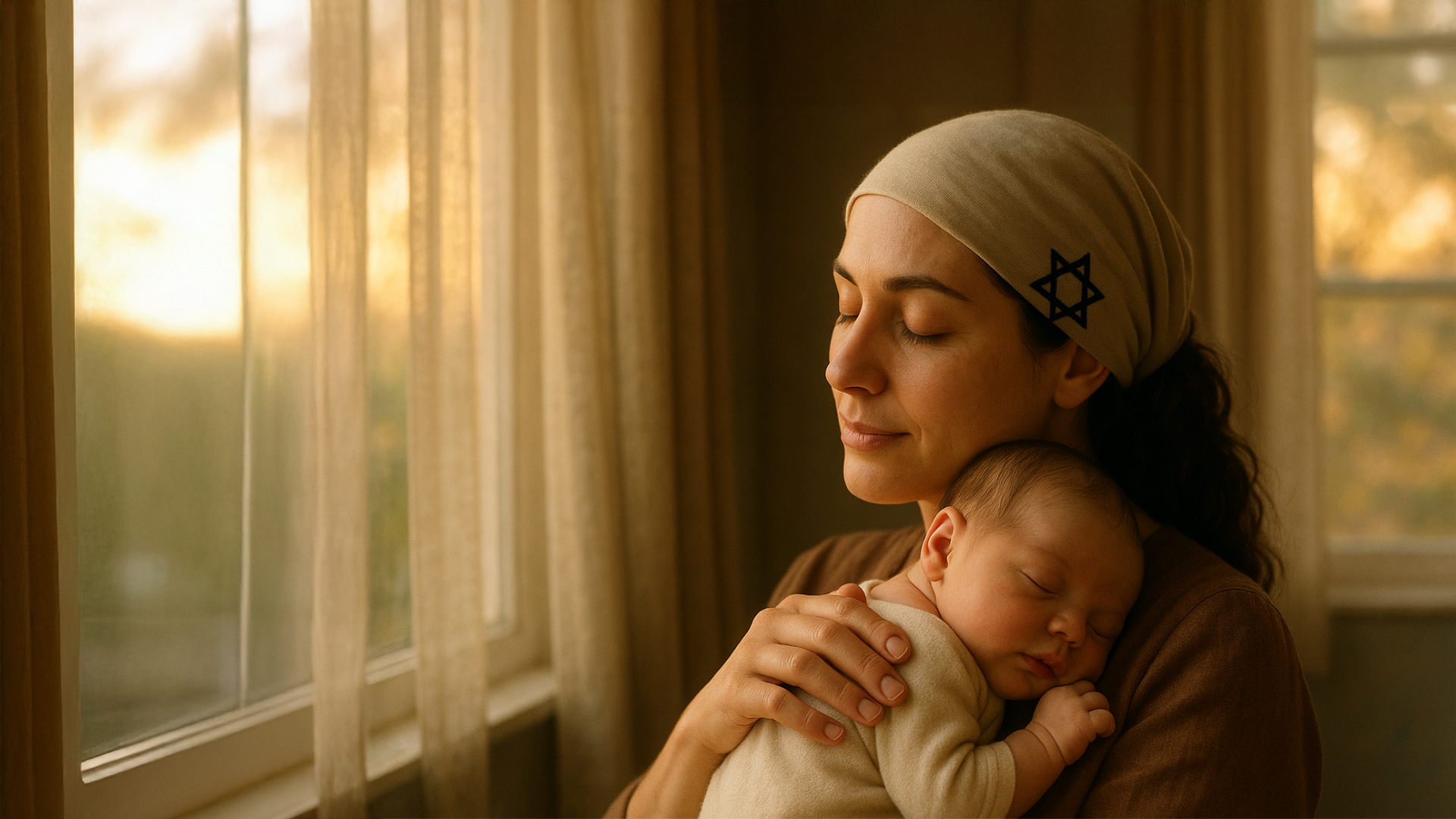 Israeli mother lovingly holding her newborn baby in warm sunlight, representing life-saving support for mothers and children